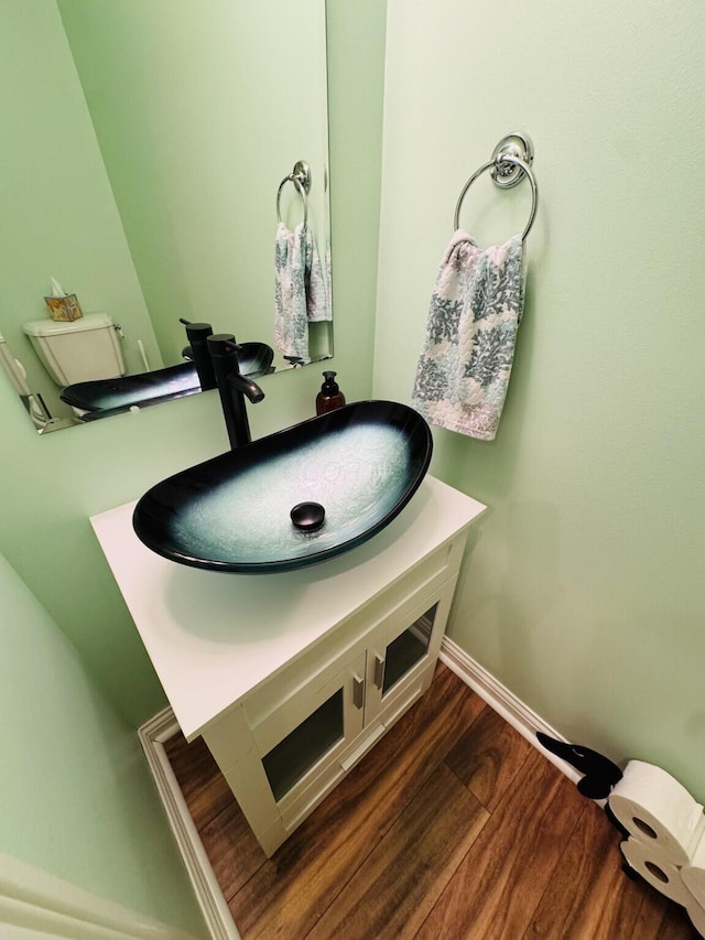 room details with baseboards, wood finished floors, and vanity