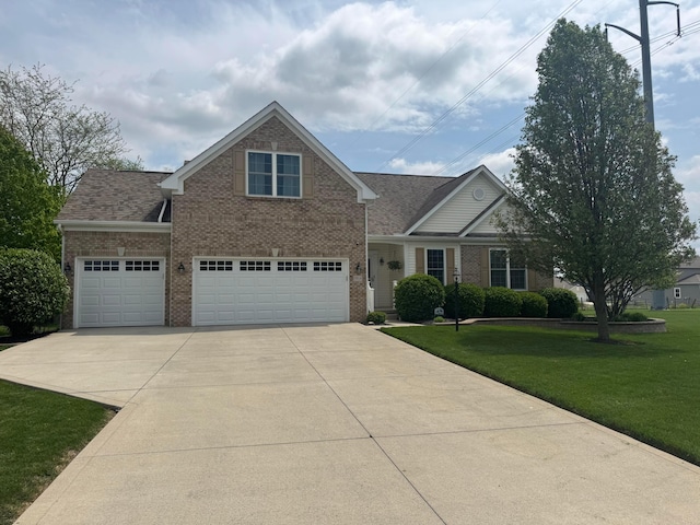view of front of house with brick siding, an attached garage, driveway, and a front yard