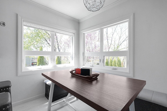 1108 W Church St, Newark, OH 43055 - dining area featuring baseboards, ornamental molding, and an office area