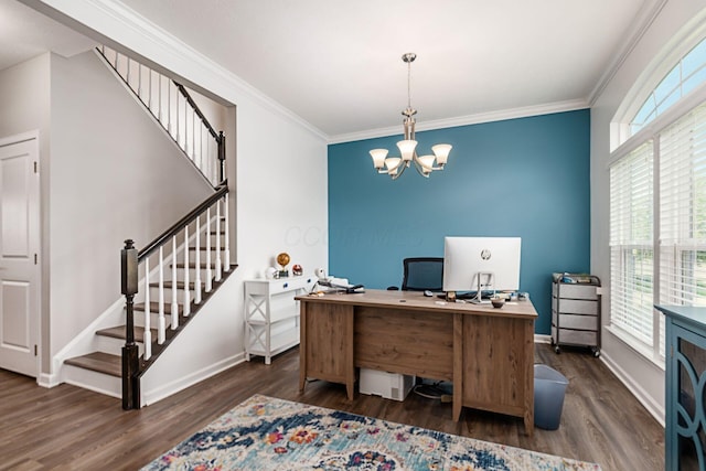 office featuring crown molding, baseboards, wood finished floors, and an inviting chandelier