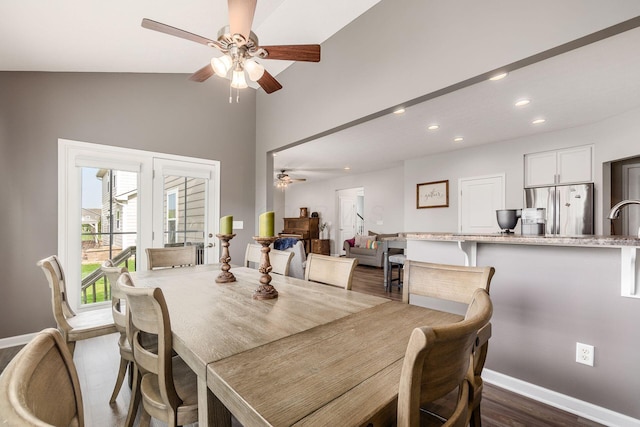 dining area with recessed lighting, a ceiling fan, dark wood-style flooring, and baseboards
