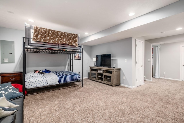 bedroom featuring carpet flooring, recessed lighting, baseboards, and electric panel