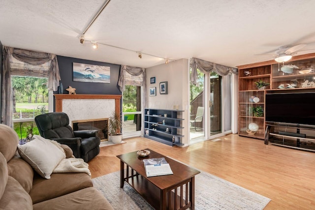 4917 Whistlewood Ln Unit 5, Westerville, OH 43081 - living area featuring a high end fireplace, a textured ceiling, rail lighting, and wood finished floors
