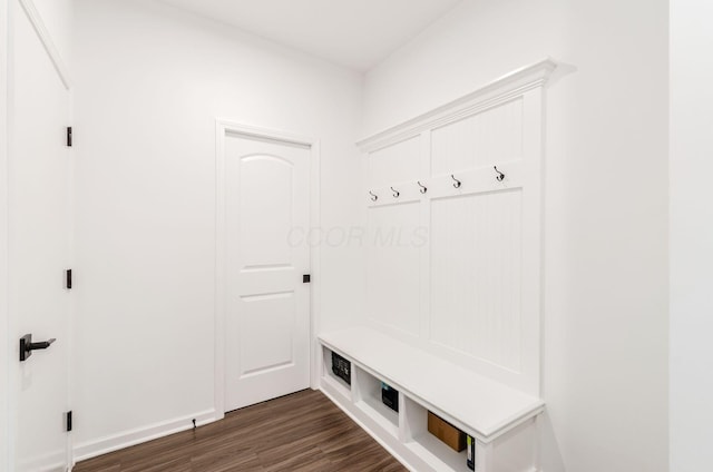 mudroom with dark wood finished floors