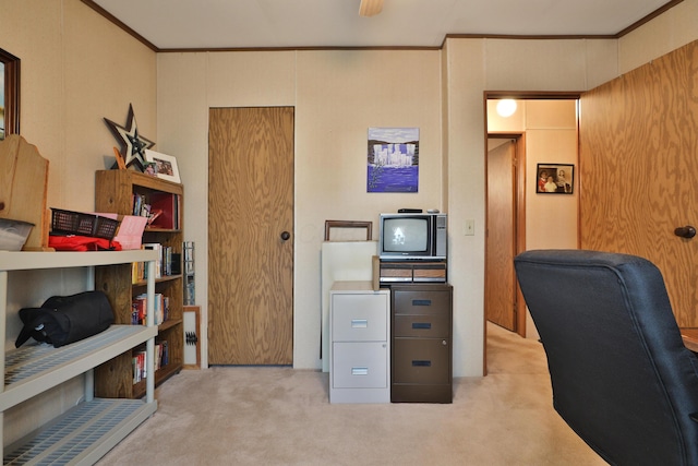 carpeted office space featuring crown molding