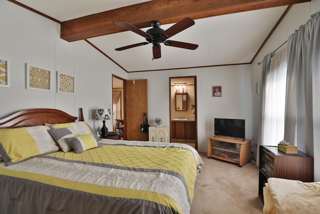 bedroom featuring a ceiling fan, lofted ceiling with beams, ornamental molding, and carpet