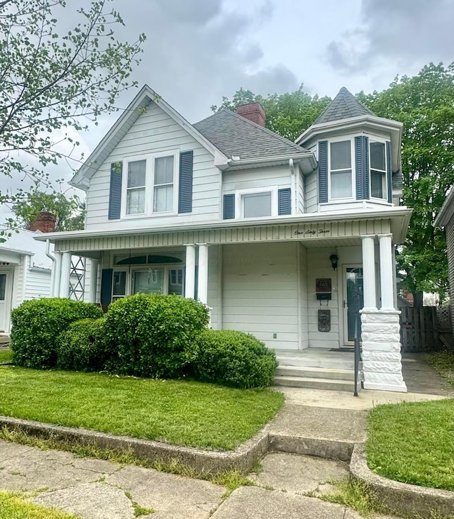 victorian house featuring roof with shingles, covered porch, a chimney, and a front yard