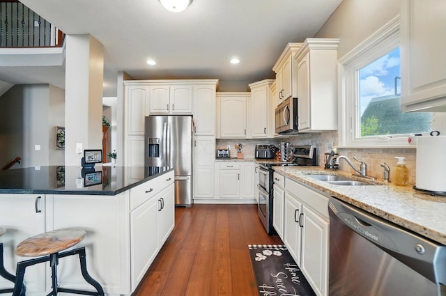 kitchen featuring stainless steel appliances, dark wood finished floors, decorative backsplash, and a sink