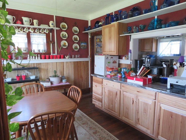 kitchen featuring crown molding, dark countertops, open shelves, and dark wood-type flooring