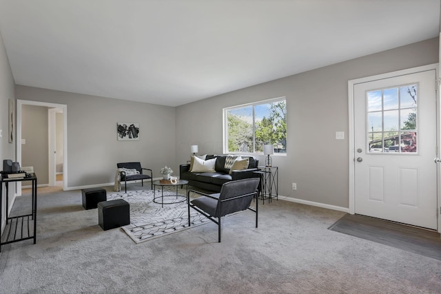 living area with baseboards and carpet