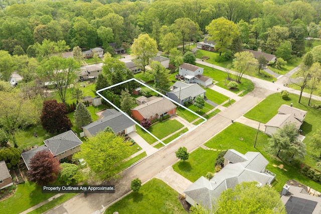 5308 Sharon Ave, Columbus, OH 43214 - aerial perspective of suburban area featuring property parcel outlined and a heavily wooded area