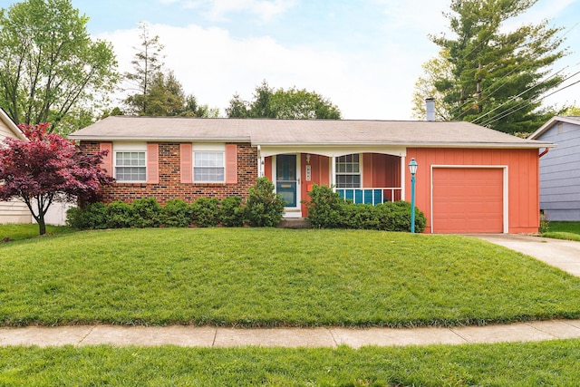 5308 Sharon Ave, Columbus, OH 43214 - ranch-style home featuring a garage, driveway, a front lawn, brick siding, and board and batten siding