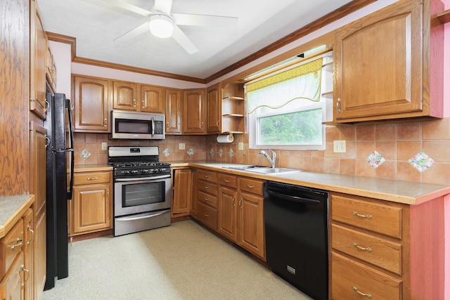 5308 Sharon Ave, Columbus, OH 43214 - kitchen featuring black appliances, a sink, crown molding, light countertops, and a ceiling fan