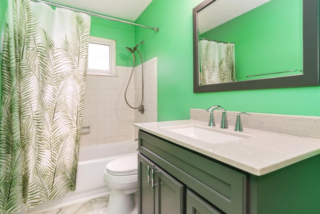 5308 Sharon Ave, Columbus, OH 43214 - full bath featuring toilet, vanity, shower / bath combo, and marble finish floors