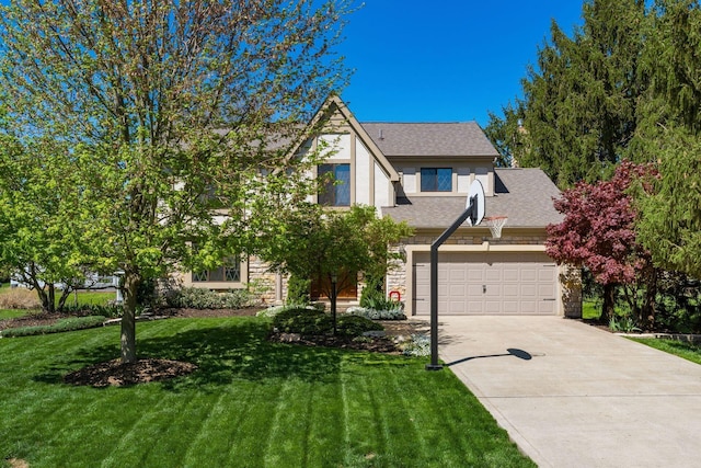 12385 Woodsfield Cir E, Pickerington, OH 43147 - tudor-style house featuring roof with shingles, stone siding, a garage, a front yard, and concrete driveway