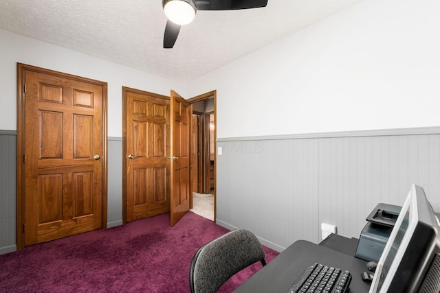 12385 Woodsfield Cir E, Pickerington, OH 43147 - home office featuring wainscoting, carpet floors, a ceiling fan, and a textured ceiling