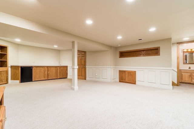 12385 Woodsfield Cir E, Pickerington, OH 43147 - finished below grade area with wainscoting, light carpet, a decorative wall, recessed lighting, and refrigerator