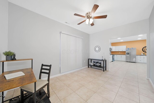 office area featuring a ceiling fan, light tile patterned flooring, baseboards, and recessed lighting
