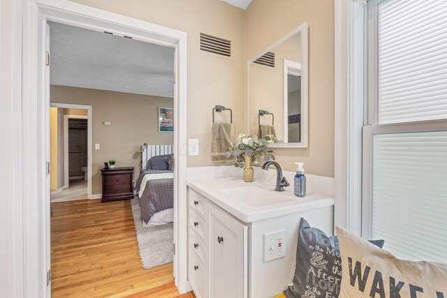 bathroom with visible vents, wood finished floors, and vanity
