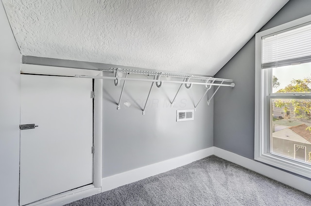 washroom with baseboards, light colored carpet, a textured ceiling, and visible vents
