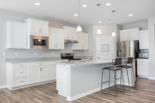 kitchen featuring under cabinet range hood, white cabinets, a sink, light wood-style flooring, and stainless steel appliances