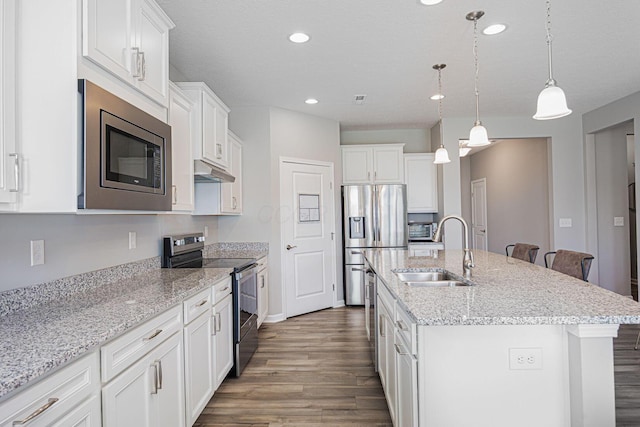 kitchen with an island with sink, dark wood-style floors, under cabinet range hood, a sink, and appliances with stainless steel finishes