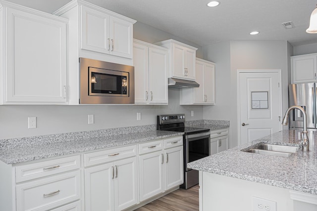 kitchen featuring a sink, white cabinetry, under cabinet range hood, and stainless steel appliances