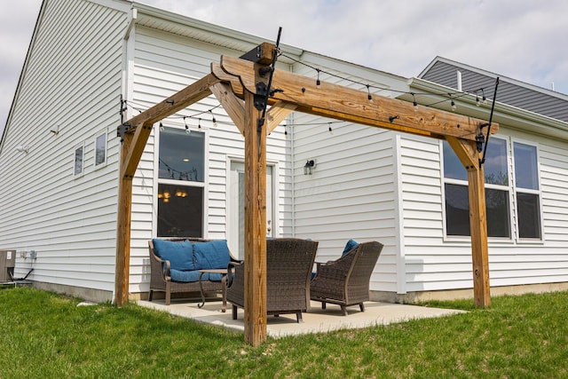 back of property featuring a patio and a yard