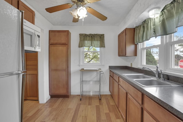 kitchen featuring dark countertops, brown cabinets, light wood-type flooring, a sink, and white appliances