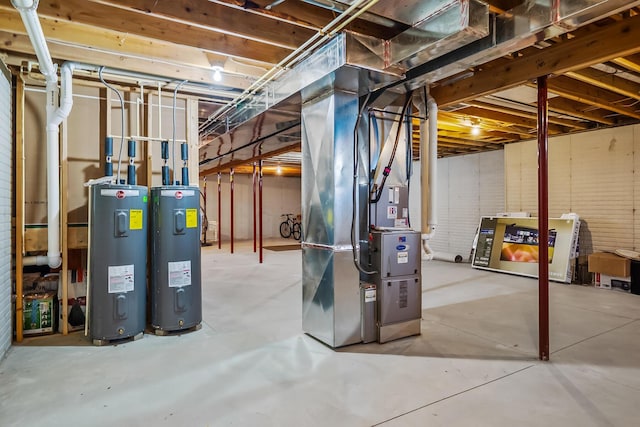 unfinished basement featuring heating unit and electric water heater