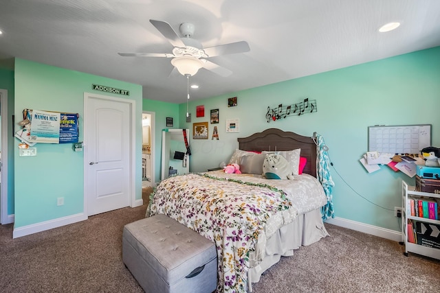 bedroom with carpet floors, baseboards, and recessed lighting