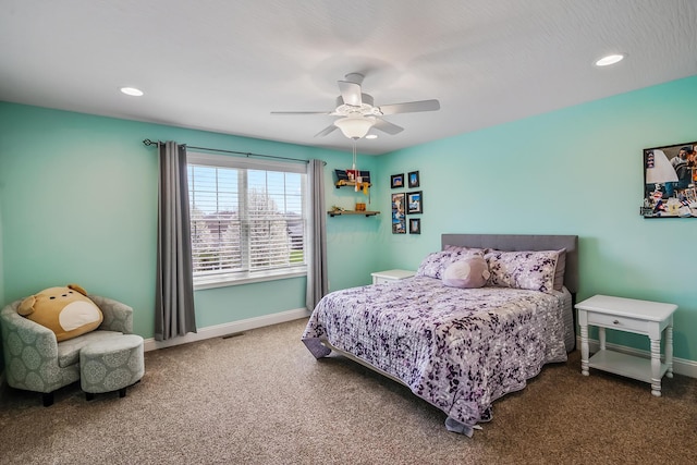 bedroom featuring ceiling fan, visible vents, baseboards, carpet flooring, and recessed lighting