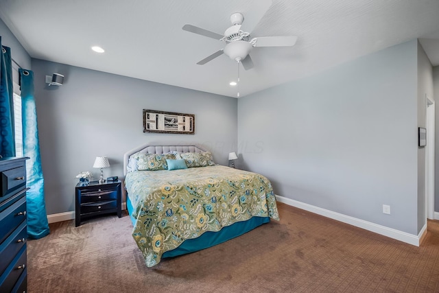 bedroom featuring carpet flooring, a ceiling fan, baseboards, and recessed lighting