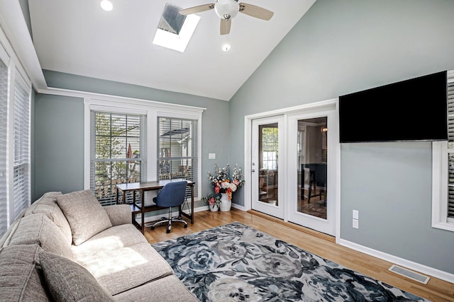 3622 Boathouse Dr, Hilliard, OH 43026 - home office with ceiling fan, visible vents, a healthy amount of sunlight, and high vaulted ceiling