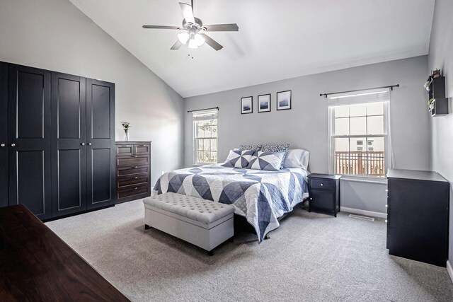 3622 Boathouse Dr, Hilliard, OH 43026 - bedroom with high vaulted ceiling, ceiling fan, light carpet, and baseboards