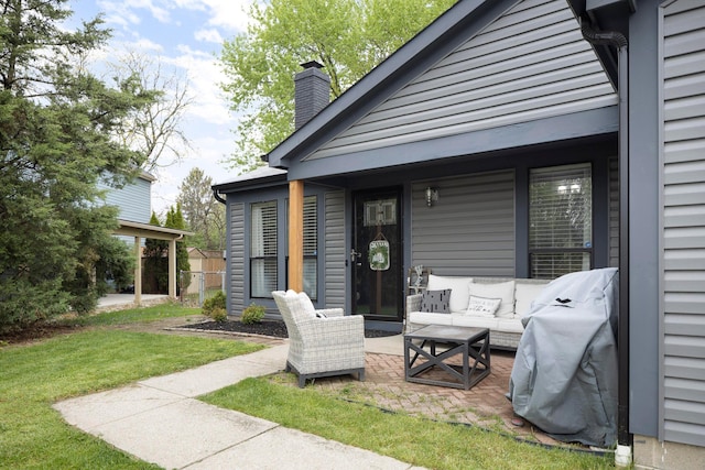 5756 Idana Ct, Westerville, OH 43081 - exterior space with outdoor lounge area, a patio area, a chimney, and a lawn