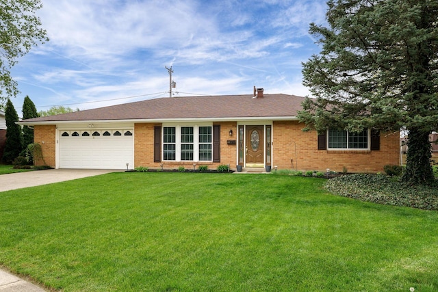 ranch-style home with an attached garage, concrete driveway, a front lawn, and brick siding