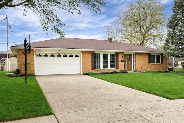 ranch-style house with brick siding, an attached garage, driveway, and a front lawn
