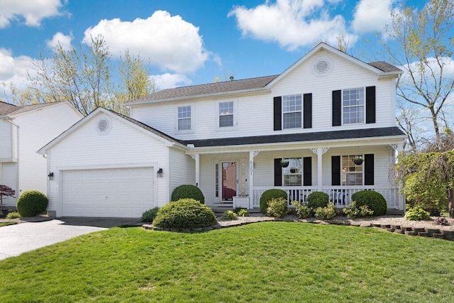 traditional-style house featuring covered porch, driveway, a front yard, and a garage