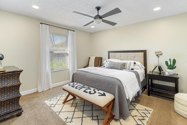 bedroom featuring baseboards, ceiling fan, light carpet, and recessed lighting