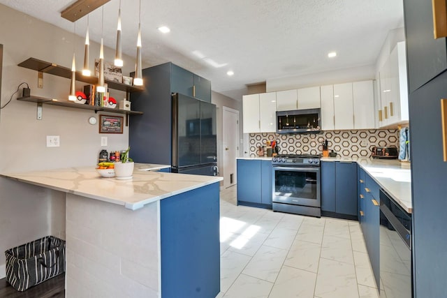 kitchen featuring open shelves, blue cabinetry, marble finish floor, a peninsula, and black appliances