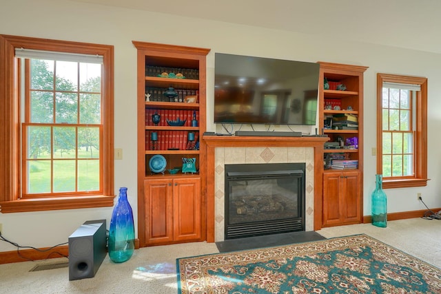 2051 River Rd, Delaware, OH 43015 - living room with carpet, a fireplace, and baseboards