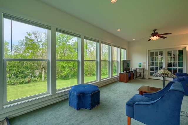 2051 River Rd, Delaware, OH 43015 - sunroom featuring a ceiling fan, carpet flooring, and recessed lighting