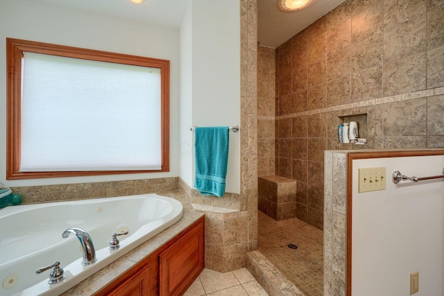 2051 River Rd, Delaware, OH 43015 - bathroom with a walk in shower, a tub with jets, and tile patterned flooring