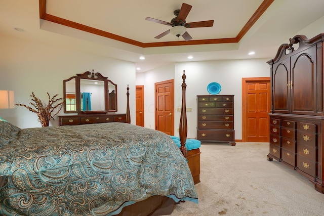 2051 River Rd, Delaware, OH 43015 - bedroom featuring a raised ceiling, light carpet, recessed lighting, crown molding, and a ceiling fan