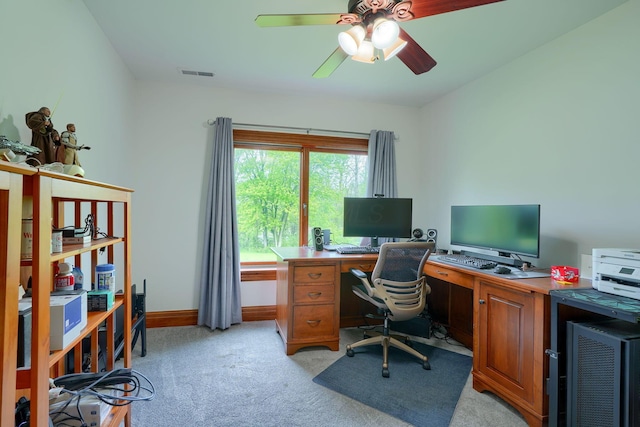 2051 River Rd, Delaware, OH 43015 - office area featuring light colored carpet, a ceiling fan, and baseboards