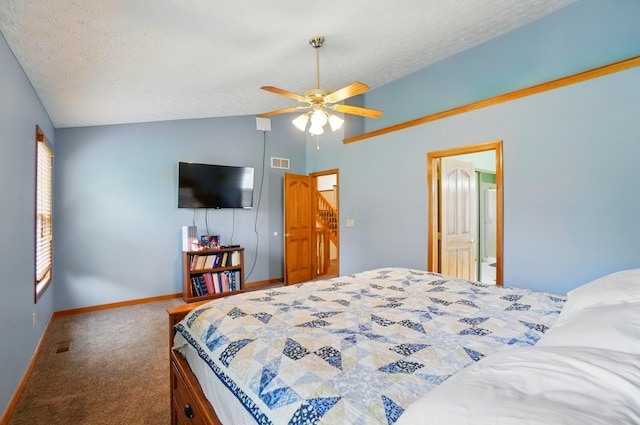 1775 Harrison Pond Dr, New Albany, OH 43054 - bedroom with vaulted ceiling, carpet flooring, baseboards, a textured ceiling, and ceiling fan
