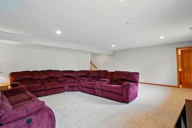1775 Harrison Pond Dr, New Albany, OH 43054 - carpeted living room featuring recessed lighting, a textured ceiling, baseboards, and stairway