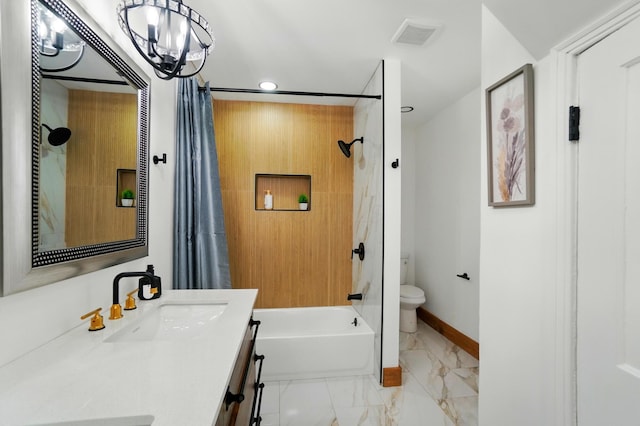 bathroom featuring vanity, marble finish floor, toilet, shower / bathtub combination with curtain, and recessed lighting