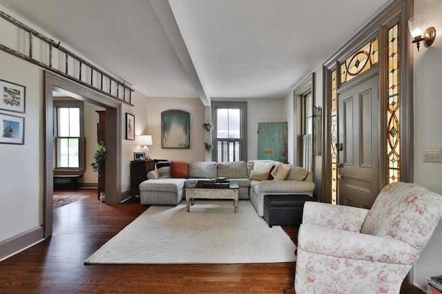 living area featuring baseboards and dark wood finished floors